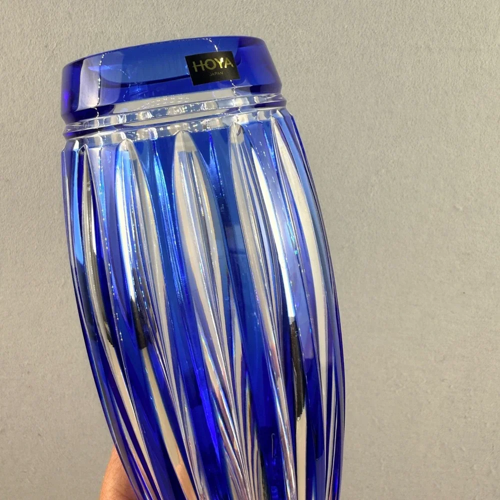 Hoya Cobalt Blue Cut Crystal‎ Vase Japanese Modernist Faceted 8